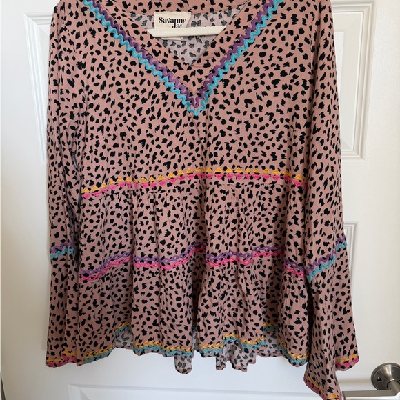 Savannah Jane Boho Leopard Embroidered Babydoll Blouse Size M - Picture 2 of 9